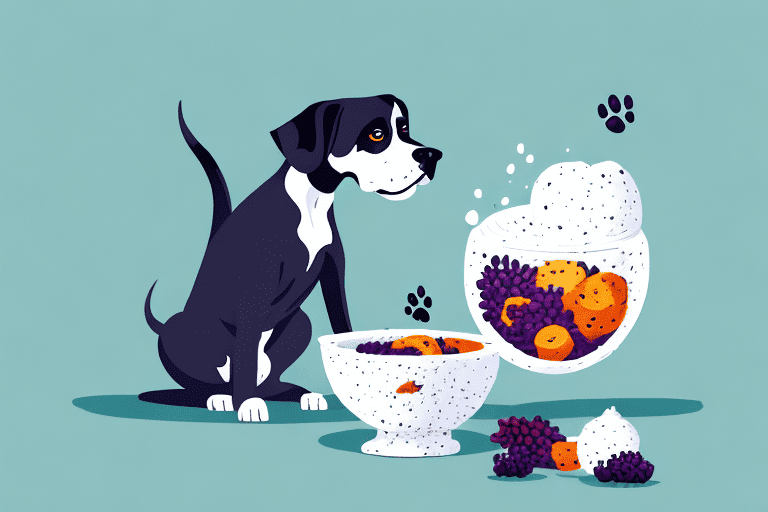 A curious dog sniffing a bowl filled with acai berries