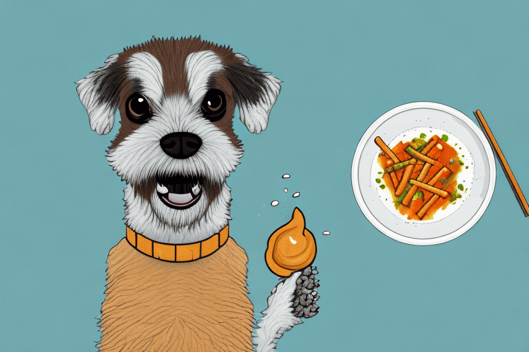 A curious dog sitting next to a bowl of beef bouillon