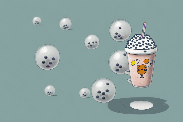 A curious dog peering into a cup filled with boba balls