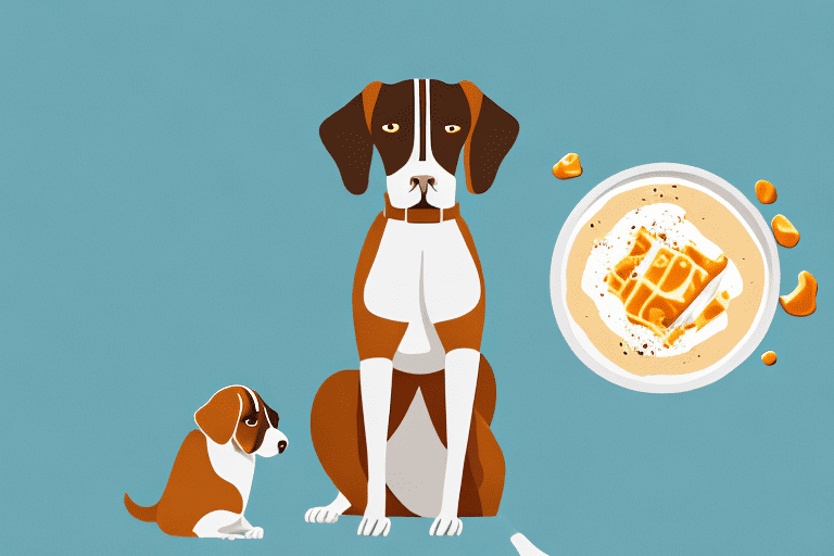A curious dog sitting beside a bowl of butterscotch pudding