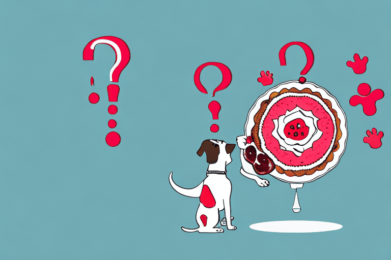 A curious dog sniffing a cherry pie with a question mark above its head