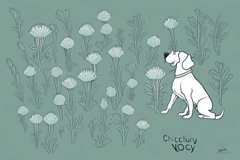 A curious dog sniffing a chicory plant with its root visible in the ground