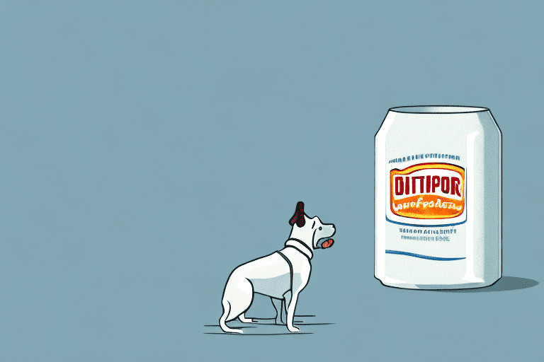A curious dog looking at a can of evaporated milk on a kitchen counter