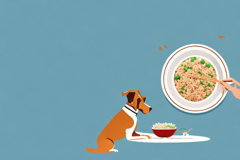 A curious dog sitting next to a bowl of fried rice