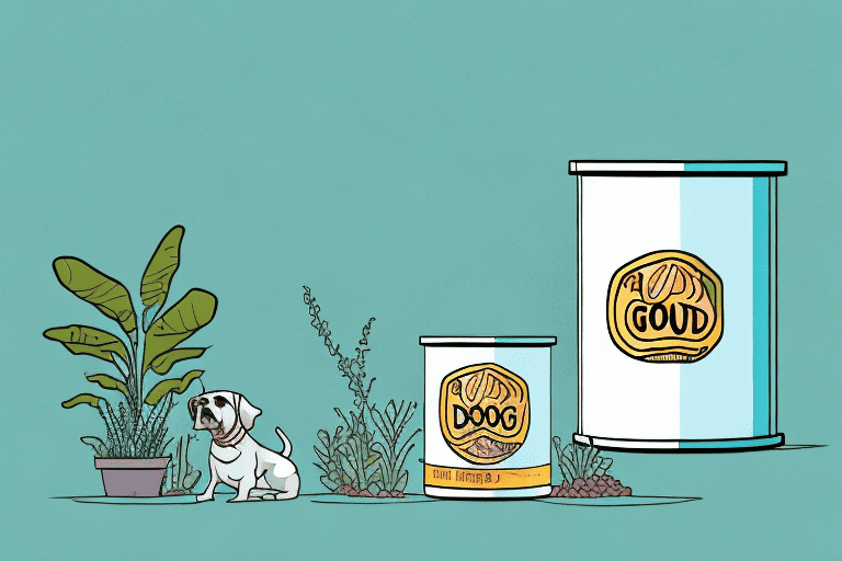 A dog looking curiously at a can of dog food with a small guar plant nearby