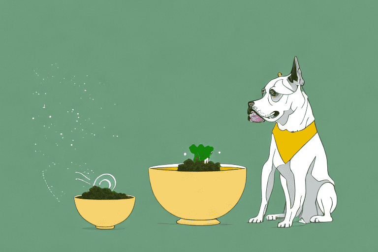 A curious dog sitting next to a bowl filled with mustard greens