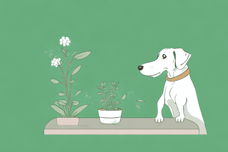 A curious dog sniffing a sprig of marjoram placed on a table