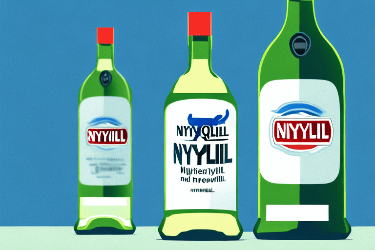 A concerned dog next to a bottle of nyquil