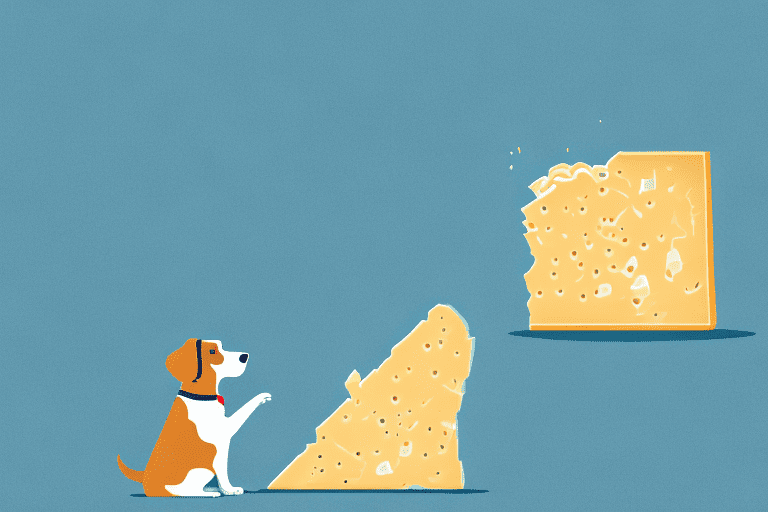 A curious dog sitting next to a block of parmesan cheese