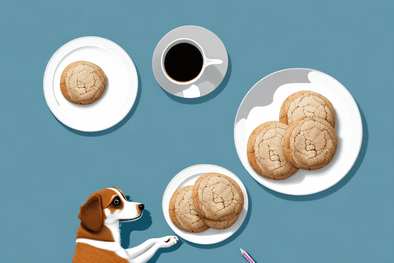 A curious dog sitting in front of a plate of snickerdoodle cookies