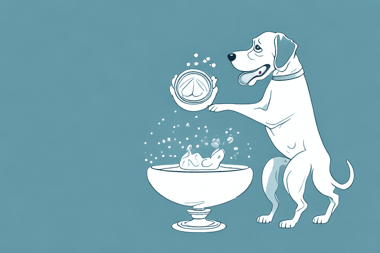 A curious dog sniffing a bowl containing crystal-like substances