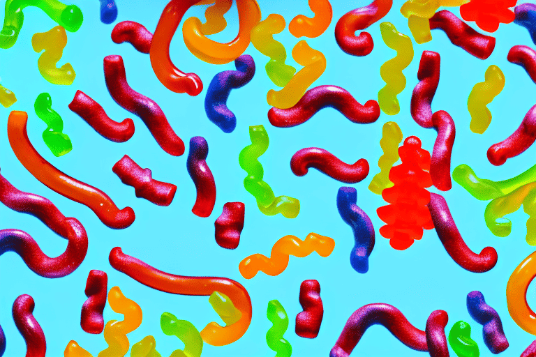 A curious dog looking at a scattered pile of sour gummy worms with a questioning expression