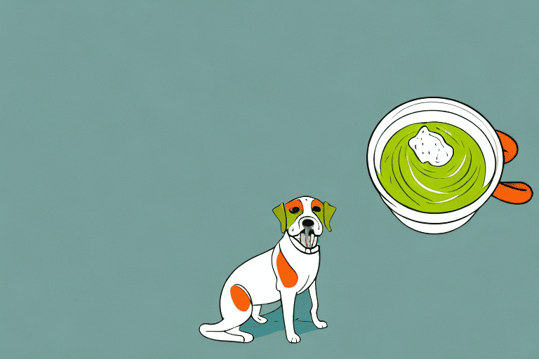 A curious dog sitting next to a bowl of split pea soup