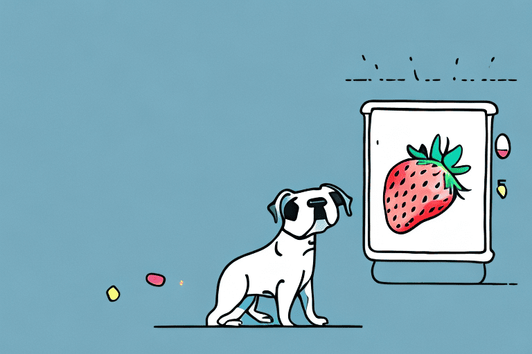 A curious dog sitting in front of an open pop tart box with a strawberry pop tart slightly sticking out