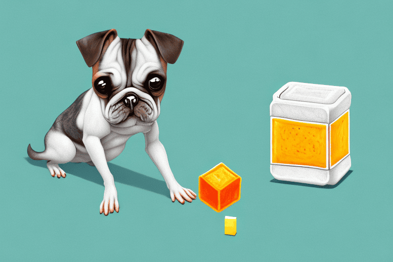 A curious dog sniffing a bouillon cube on a kitchen counter
