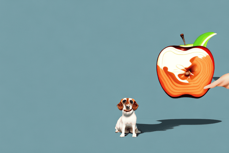 A dog curiously looking at a caramel apple placed on a low table