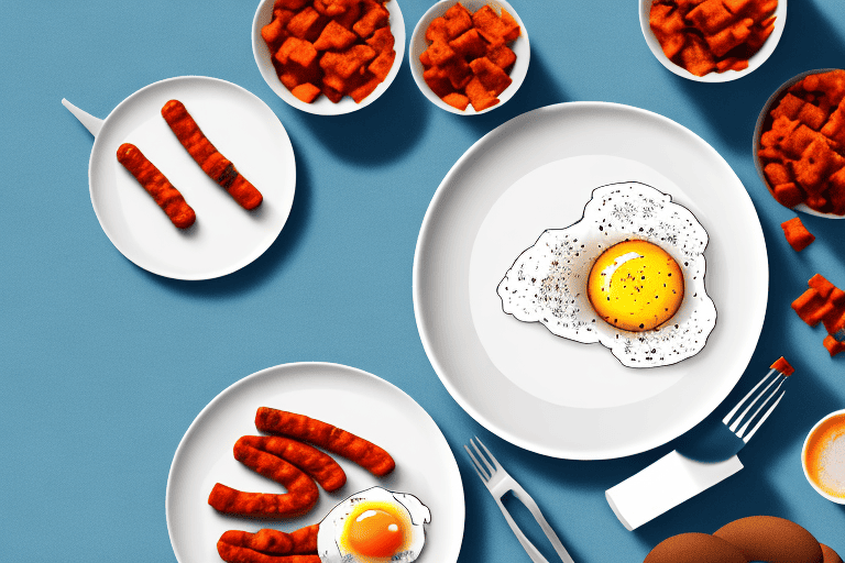A curious dog looking at a plate of chorizo and eggs on a table