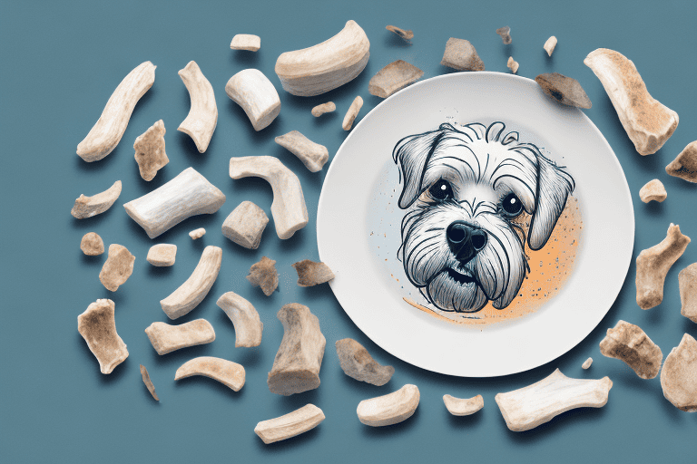 A dog looking longingly at a pile of cooked deer bones on a plate