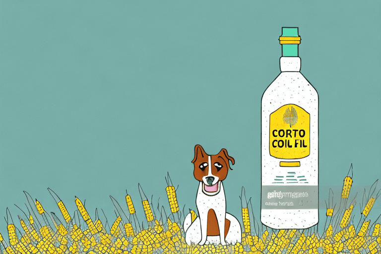 A dog sitting next to a cornfield with a bottle of corn oil nearby