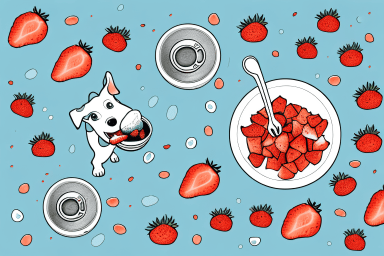 A curious dog sniffing a bowl of dehydrated strawberries on a kitchen counter