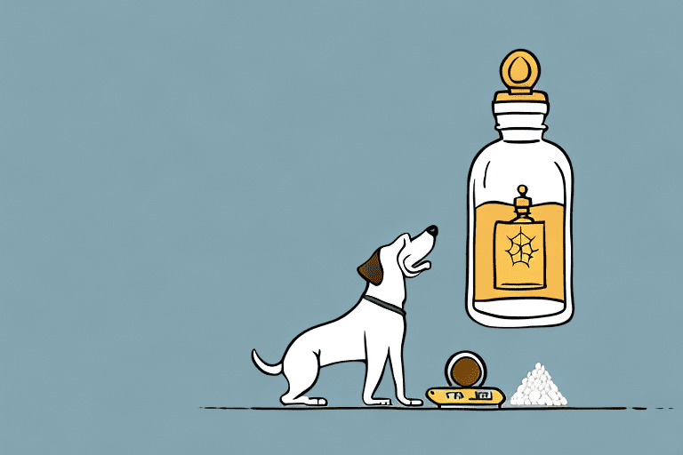 A curious dog sniffing a bottle of frankincense oil placed on a low table