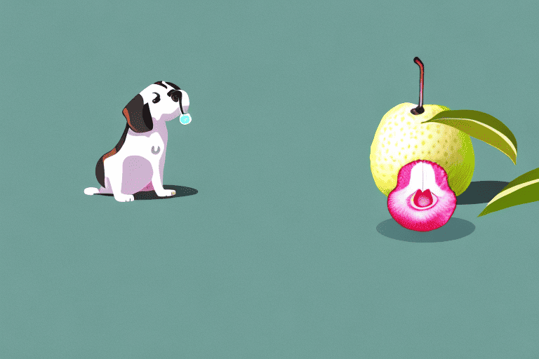 A curious dog sniffing a lychee fruit lying on the ground