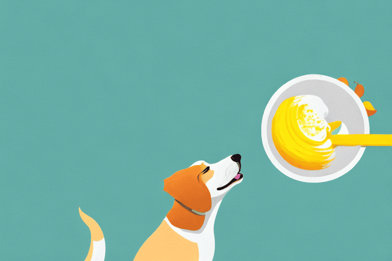 A curious dog sniffing a bowl of vibrant mango sorbet
