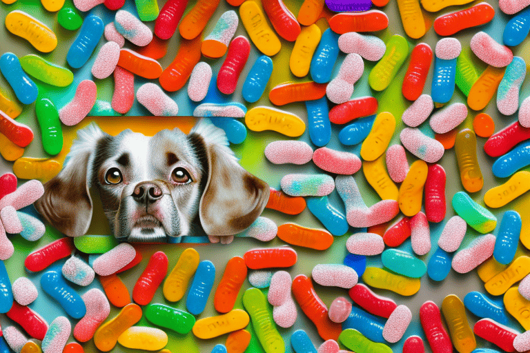 A curious dog looking at a scattering of colorful mike and ike candies on the floor