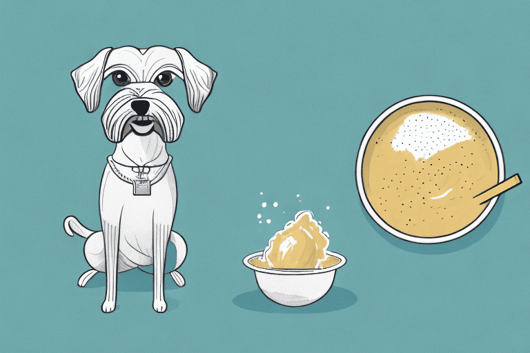 A dog looking curiously at a bowl of broth with a small bag of onion powder next to it