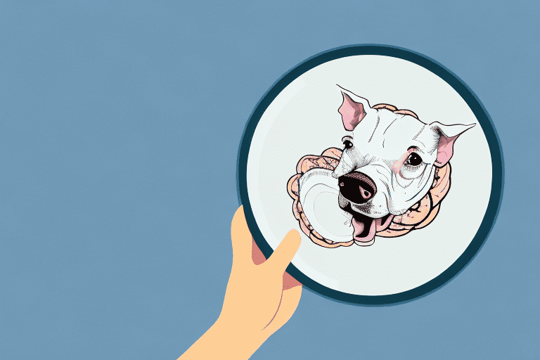 A curious dog looking at a pork shoulder bone placed on a plate