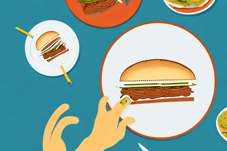 A curious dog sitting at a dining table with a sloppy joe sandwich on a plate in front of it