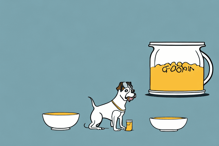 A curious dog looking at a bowl of swanson chicken broth placed on a table