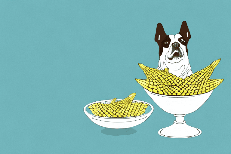 A curious dog sitting and looking at a bowl of baby corn