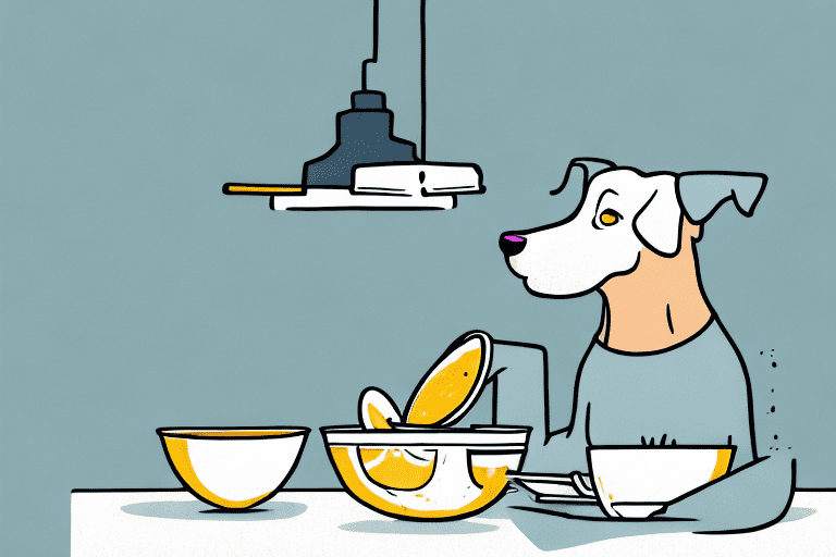 A curious dog sniffing a bowl of bouillon on a kitchen table