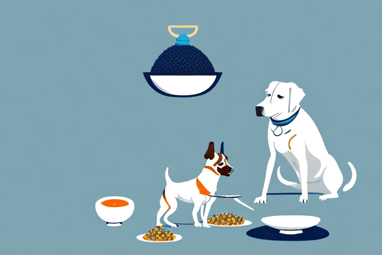 A curious dog sitting at a fancy dining table with a small dish of caviar in front of it