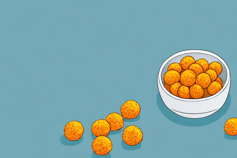 A curious dog looking longingly at a bowl full of cheese balls on a table