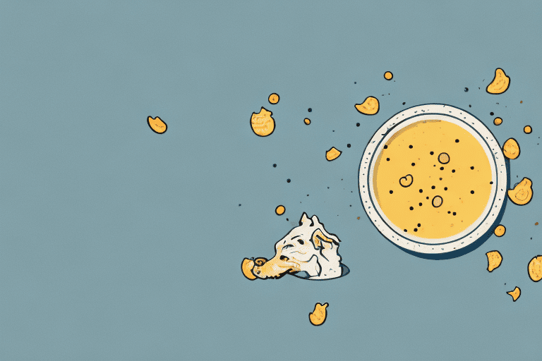 A curious dog looking at a bowl of chicken broth with visible onion pieces floating in it