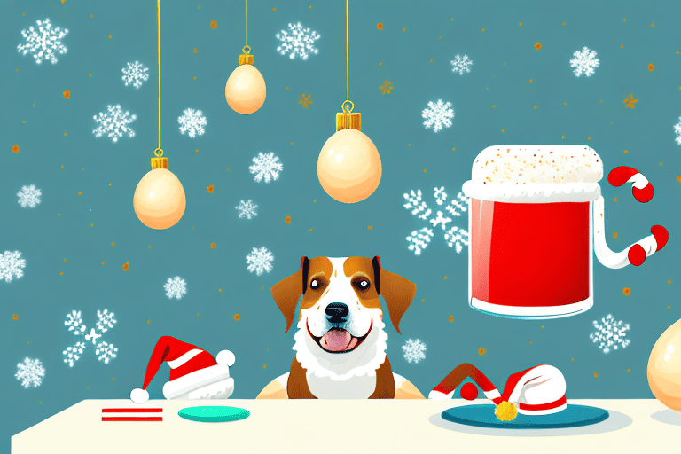 A curious dog sitting next to a festive table with a glass of egg nog and some holiday decorations