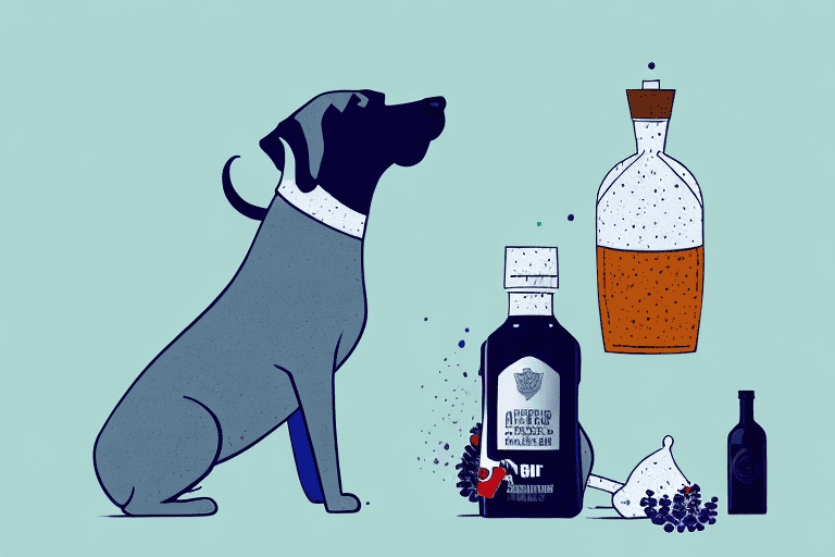 A curious dog sniffing a bottle of elderberry syrup placed on a table