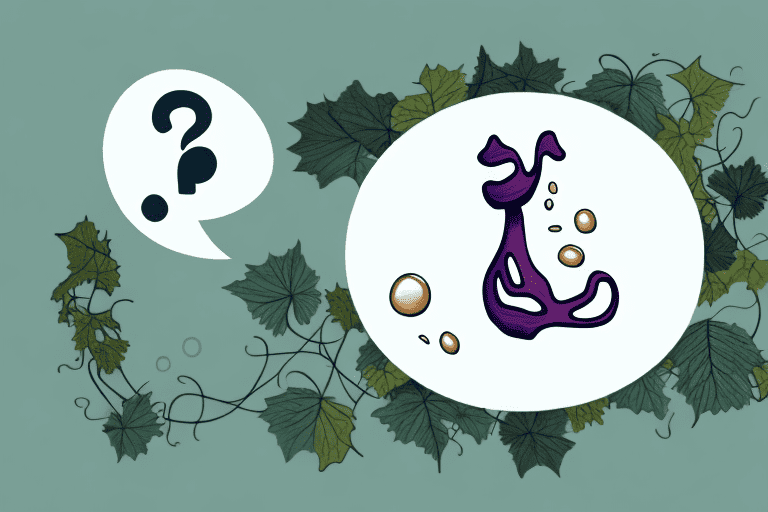 A curious dog sniffing a grape vine with leaves