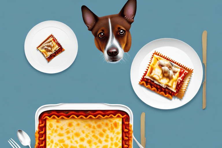 A curious dog sitting in front of a plate of lasagna