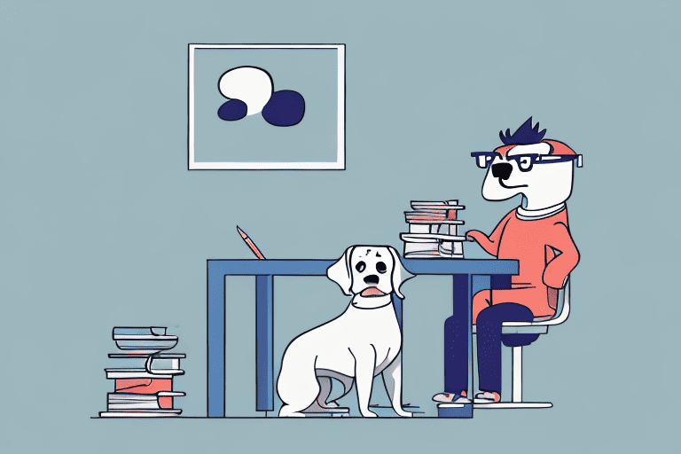 A dog sitting at a desk with books and glasses