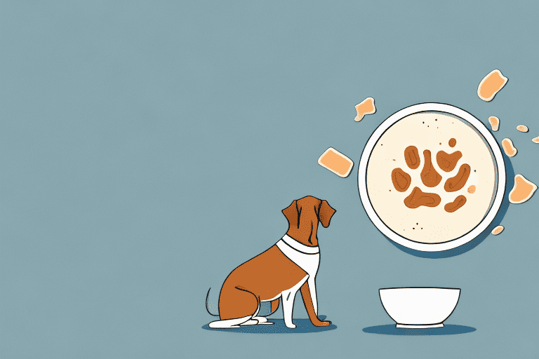A curious dog sitting near a bowl of maple brown sugar oatmeal