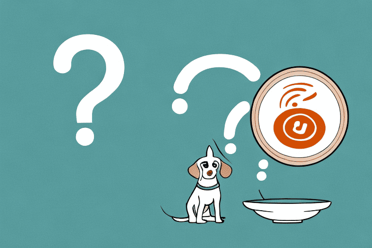 A curious dog looking at a bowl of food with a floating question mark above it