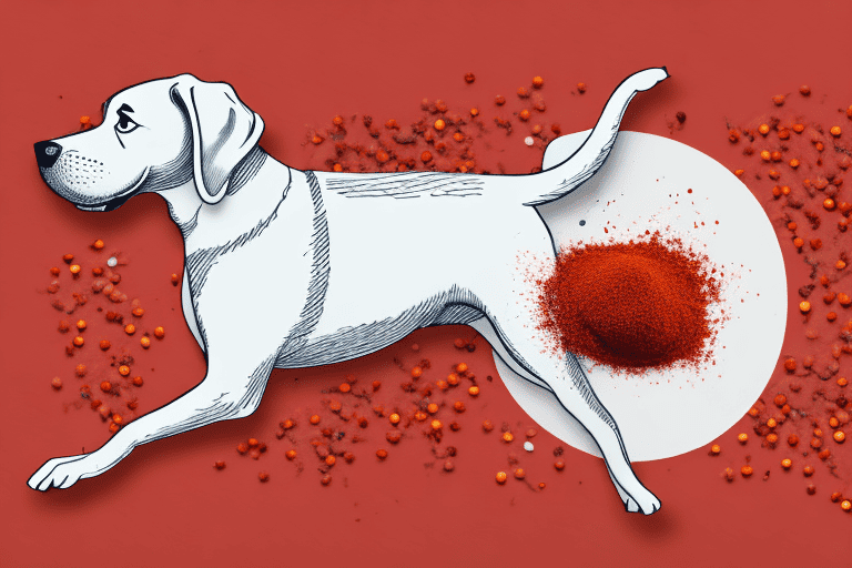 A curious dog sniffing at a spilled pile of red pepper flakes on a kitchen floor