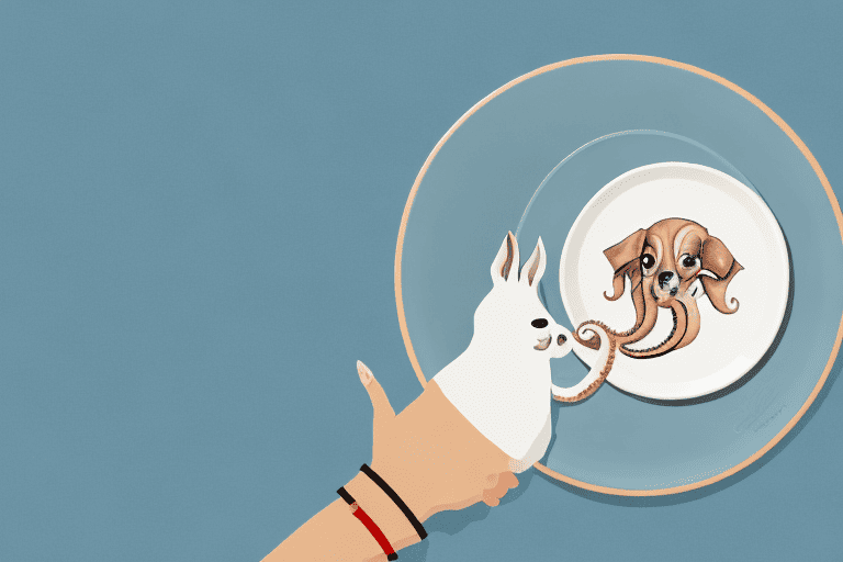 A curious dog looking at a plate with a cooked squid on it