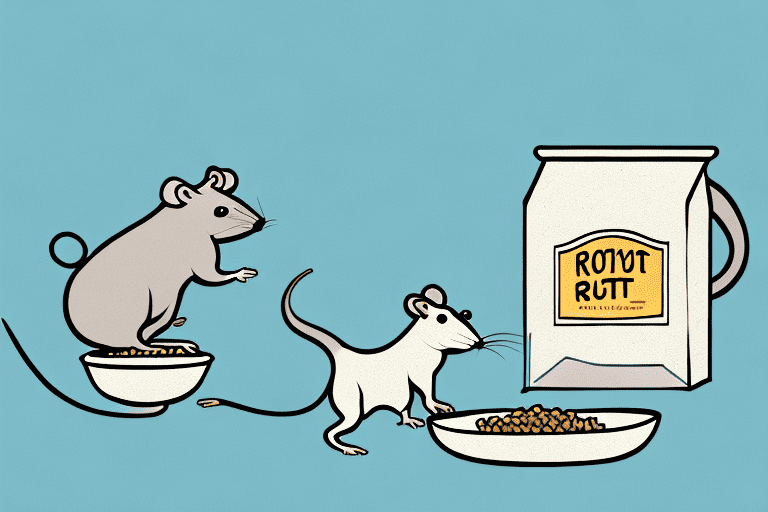 A curious rat sniffing at a bowl of dog food