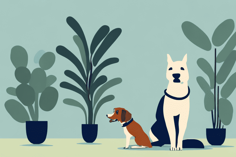 A curious dog looking at a eucalyptus plant in a living room setting