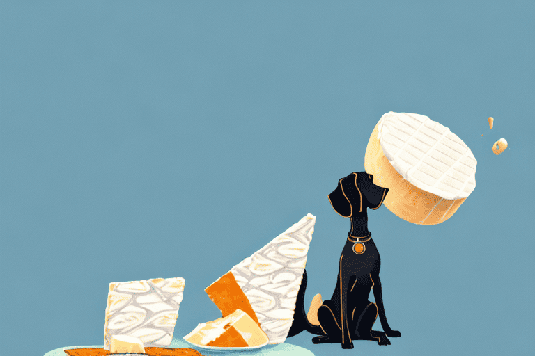 A curious dog sitting in front of a piece of brie cheese