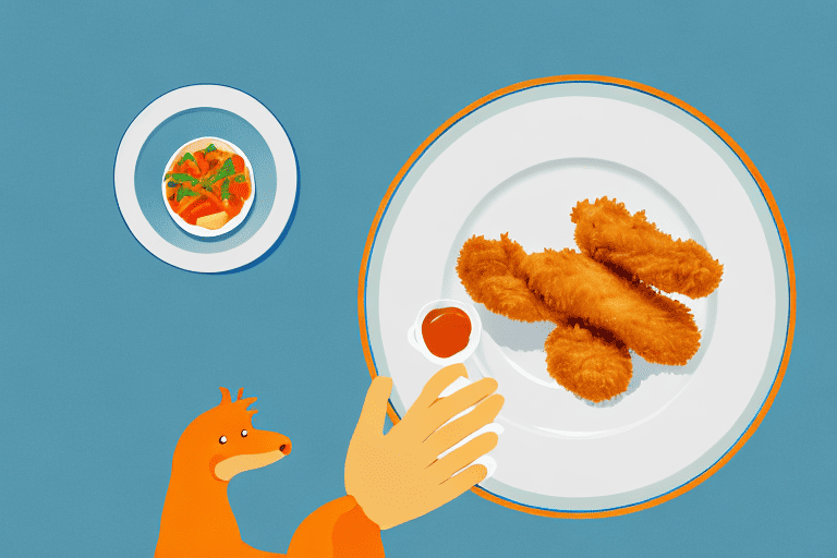 A curious dog sitting in front of a plate of chicken tenders